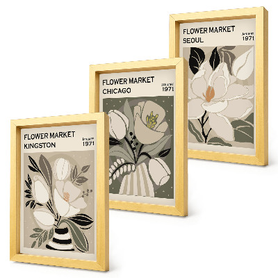 Ensemble de 3 tableaux Fleurs des marchés de Kingston, Chicago et Séoul dans un style rétro