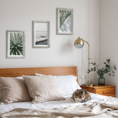 Ensemble de 3 tableaux Plante à feuilles de palmier et jetée en bois