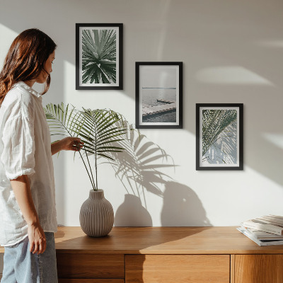 Ensemble de 3 tableaux Plante à feuilles de palmier et jetée en bois