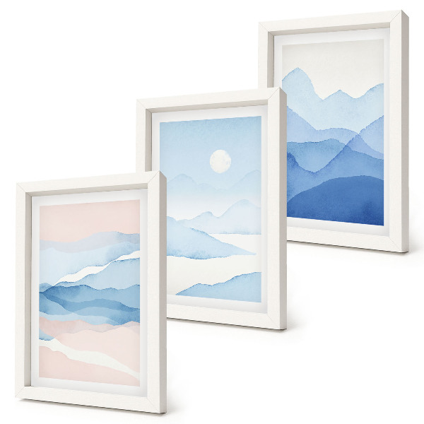 Lot de 3 tableaux Paysages de montagne bleus et roses à l'aquarelle