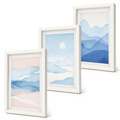 Lot de 3 tableaux Paysages de montagne bleus et roses à l'aquarelle