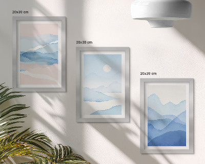 Lot de 3 tableaux Paysages de montagne bleus et roses à l'aquarelle