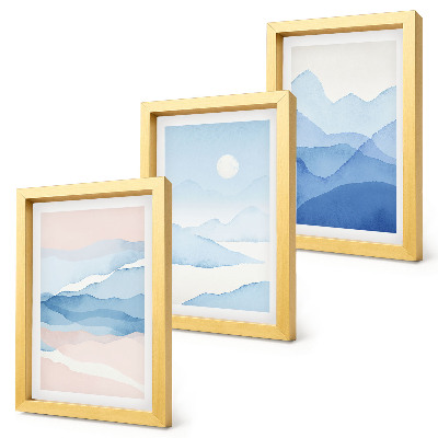 Lot de 3 tableaux Paysages de montagne bleus et roses à l'aquarelle