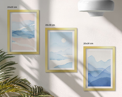 Lot de 3 tableaux Paysages de montagne bleus et roses à l'aquarelle