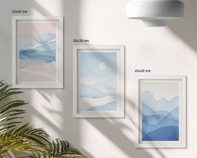 Lot de 3 tableaux Paysages de montagne bleus et roses à l'aquarelle