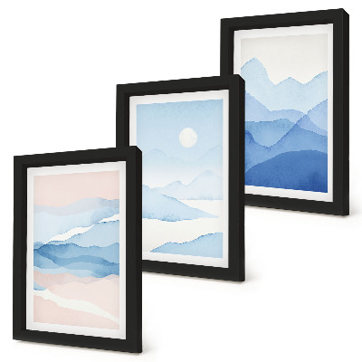Lot de 3 tableaux Paysages de montagne bleus et roses à l'aquarelle