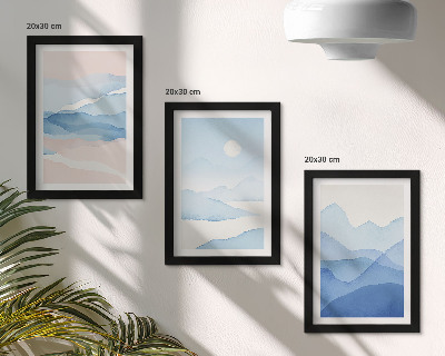 Lot de 3 tableaux Paysages de montagne bleus et roses à l'aquarelle
