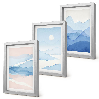 Lot de 3 tableaux Paysages de montagne bleus et roses à l'aquarelle