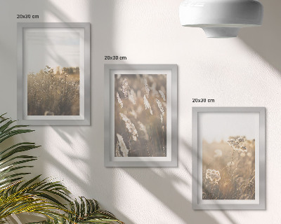 Lot de 3 tableaux Un paysage d'herbes et de fleurs aux teintes chaudes