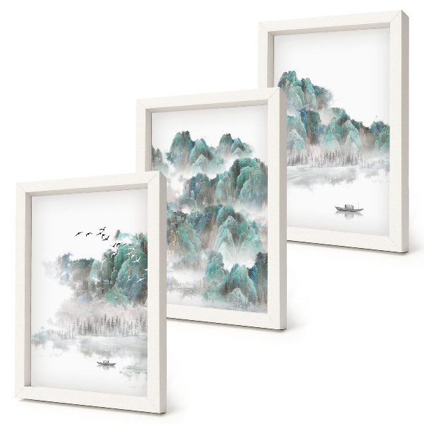 Mur de cadres Montagnes dans les nuages avec des oiseaux et un bateau sur l'eau japandi
