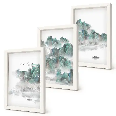 Mur de cadres montagnes dans les nuages avec oiseaux et bateau style japandi