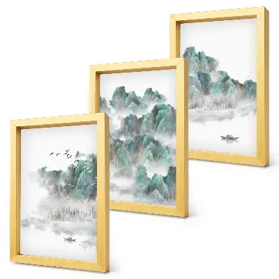 Mur de cadres montagnes dans les nuages avec oiseaux et bateau style japandi