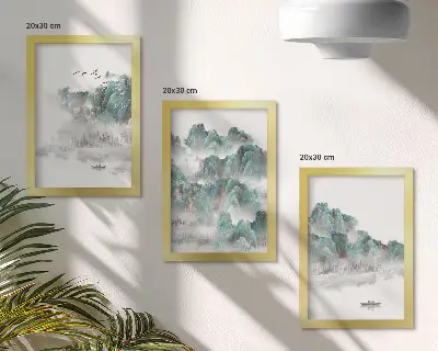 Mur de cadres montagnes dans les nuages avec oiseaux et bateau style japandi