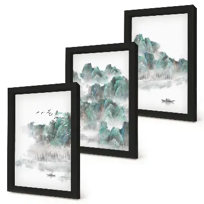 Mur de cadres montagnes dans les nuages avec oiseaux et bateau style japandi