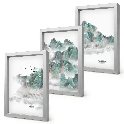 Mur de cadres montagnes dans les nuages avec oiseaux et bateau style japandi