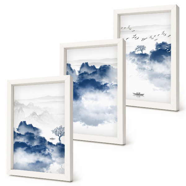 Lot de 3 tableaux Montagnes nuageuses avec des arbres et des oiseaux en arrière-plan