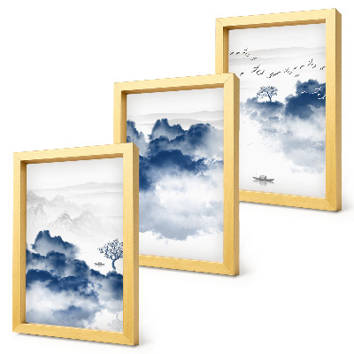 Lot de 3 tableaux Montagnes nuageuses avec des arbres et des oiseaux en arrière-plan