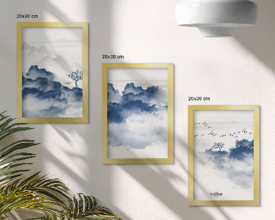 Lot de 3 tableaux Montagnes nuageuses avec des arbres et des oiseaux en arrière-plan