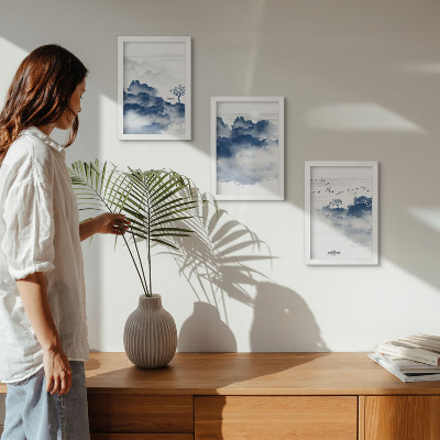 Lot de 3 tableaux Montagnes nuageuses avec des arbres et des oiseaux en arrière-plan