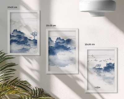 Lot de 3 tableaux Montagnes nuageuses avec des arbres et des oiseaux en arrière-plan