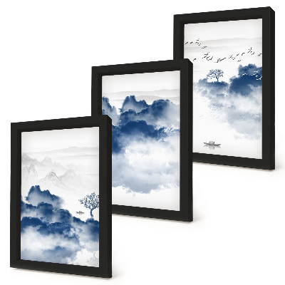 Lot de 3 tableaux Montagnes nuageuses avec des arbres et des oiseaux en arrière-plan