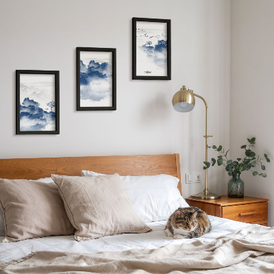 Lot de 3 tableaux Montagnes nuageuses avec des arbres et des oiseaux en arrière-plan