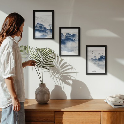 Lot de 3 tableaux Montagnes nuageuses avec des arbres et des oiseaux en arrière-plan