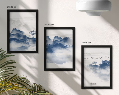 Lot de 3 tableaux Montagnes nuageuses avec des arbres et des oiseaux en arrière-plan