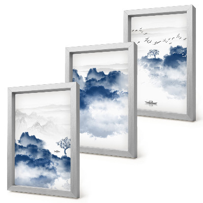 Lot de 3 tableaux Montagnes nuageuses avec des arbres et des oiseaux en arrière-plan
