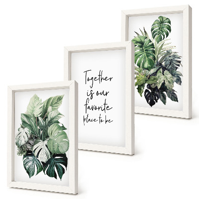 Ensemble de 3 tableaux Feuilles vertes de plantes tropicales avec inscription décorative
