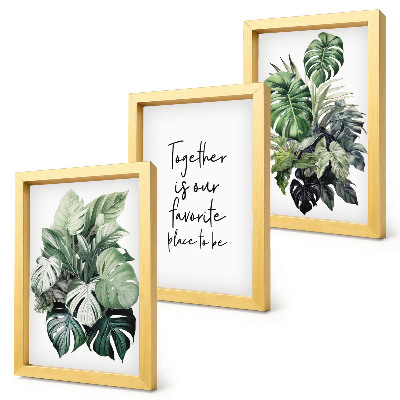 Ensemble de 3 tableaux Feuilles vertes de plantes tropicales avec inscription décorative