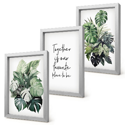 Ensemble de 3 tableaux Feuilles vertes de plantes tropicales avec inscription décorative