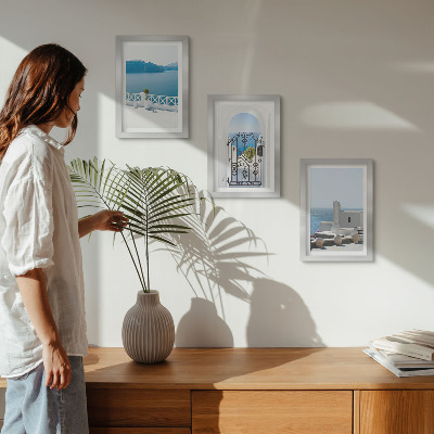 Lot de 3 tableaux Vues sur la mer avec des bâtiments blancs en Grèce