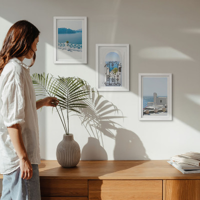 Lot de 3 tableaux Vues sur la mer avec des bâtiments blancs en Grèce