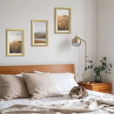 Mur de cadres représentant des paysages de prairies, de montagnes et de lac