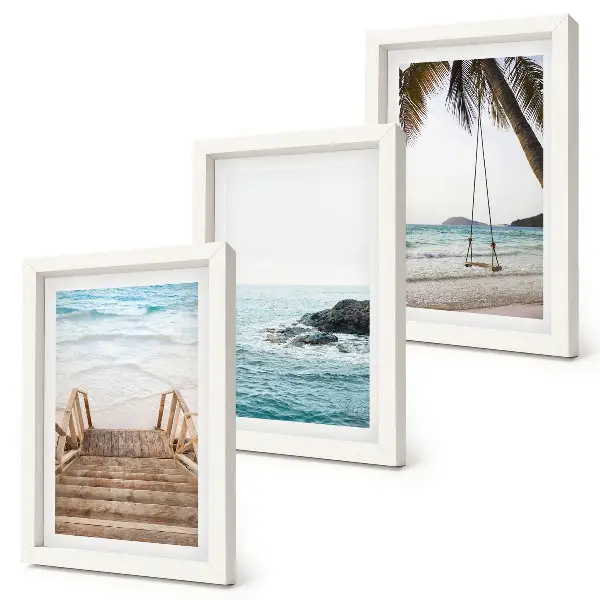 Lot de 3 tableaux escalier menant à la plage avec vue sur la mer et balançoire sous les palmiers