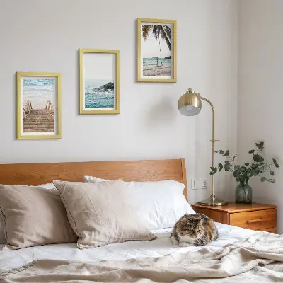 Lot de 3 tableaux escalier menant à la plage avec vue sur la mer et balançoire sous les palmiers