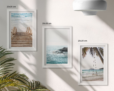 Lot de 3 tableaux Escalier menant à la plage, vue sur la mer et balançoire sous les palmiers