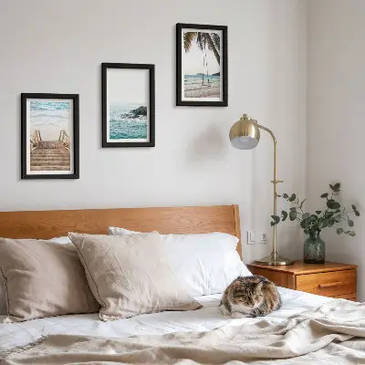 Lot de 3 tableaux escalier menant à la plage avec vue sur la mer et balançoire sous les palmiers