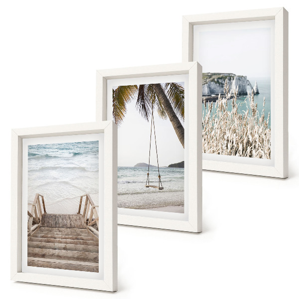 Ensemble de 3 tableaux Plage avec escaliers en bois et balançoire de bord de mer