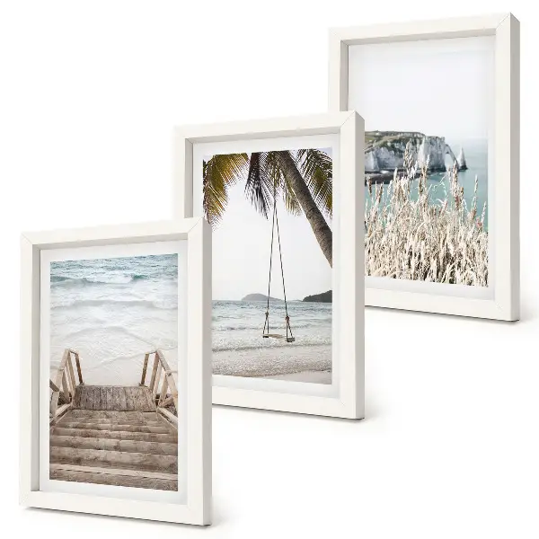 Ensemble de 3 tableaux représentant une plage avec un escalier en bois et une balançoire de bord de mer