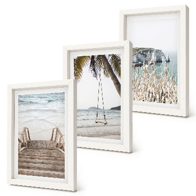 Ensemble de 3 tableaux Plage avec escaliers en bois et balançoire de bord de mer