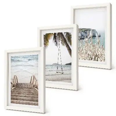 Ensemble de 3 tableaux représentant une plage avec un escalier en bois et une balançoire de bord de mer