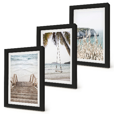 Ensemble de 3 tableaux Plage avec escaliers en bois et balançoire de bord de mer