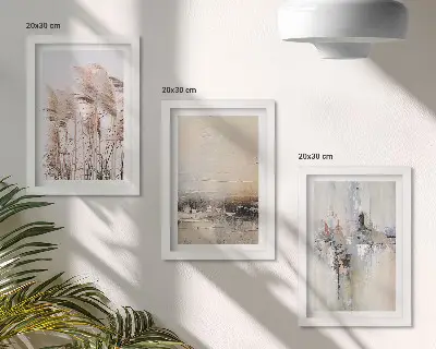 Mur de cadres végétation naturelle et motifs abstraits aux couleurs douces