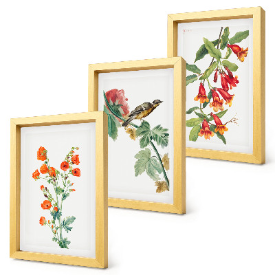 Mur de cadres Des fleurs rétro peintes et un oiseau sur une branche