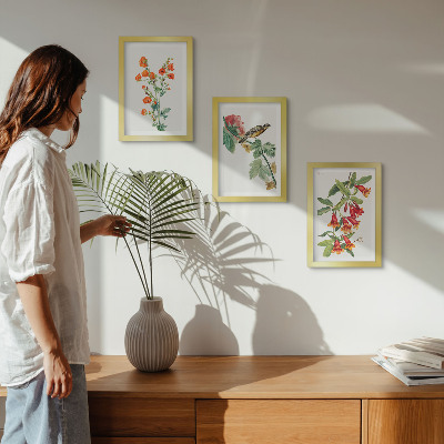 Mur de cadres Des fleurs rétro peintes et un oiseau sur une branche
