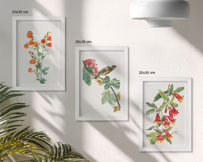 Mur de cadres Des fleurs rétro peintes et un oiseau sur une branche