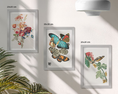 Mur de cadres Des fleurs, des papillons et un oiseau dans des tons pastel