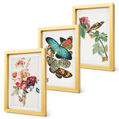 Mur de cadres Des fleurs, des papillons et un oiseau dans des tons pastel